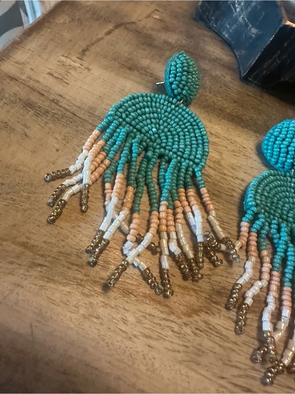 Beaded Fringe Drop Earrings - Turquoise & Tan